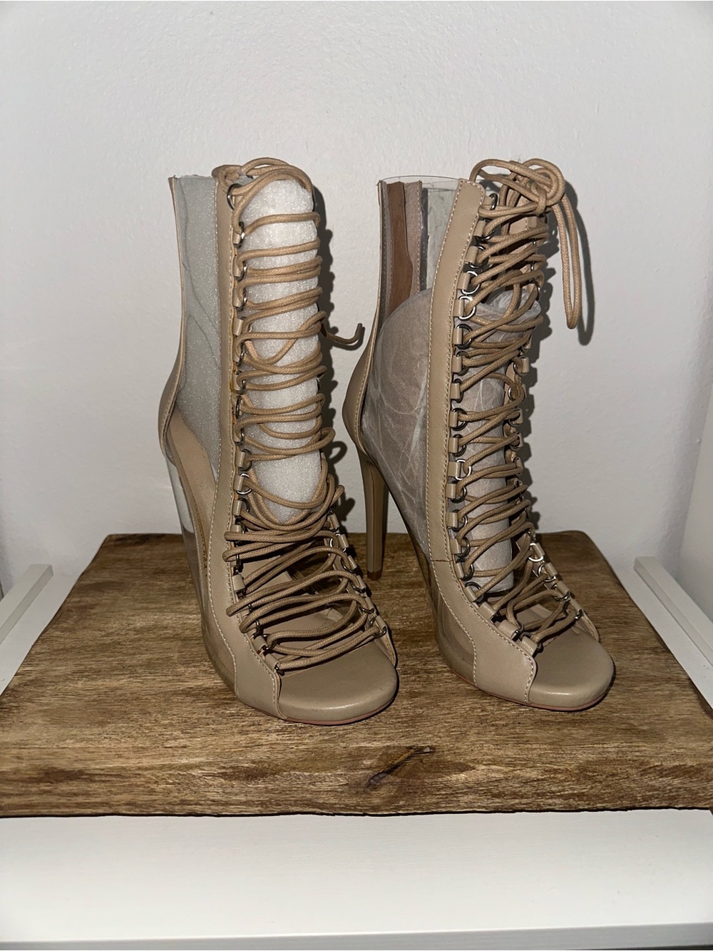 Steve Madden Taupe Lace-Up Open-Toe Stiletto Booties